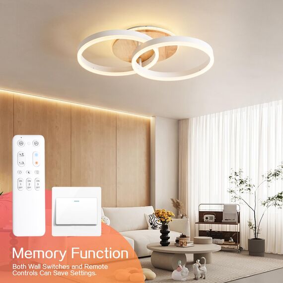 Amdelne LED Deckenlampe Wohnzimmer 50cm 2-Ringe Design, 36W Deckenleuchte Moderne mit Fernbedienung Dimmbar, aus Metall+Acryl, mit Speicherfunktion, für Schlafzimmer Esszimmer Büro, Weiß+holz