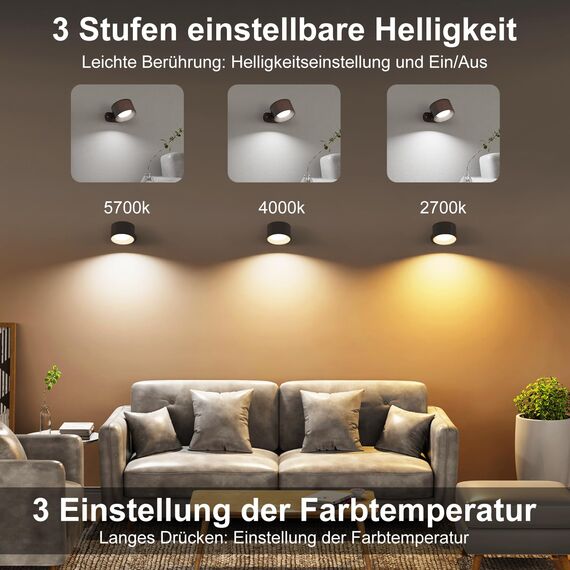 Feallive LED Wandleuchte Innen, Wandlampe mit Akku 1 Stück,Touch Control 3 Helligkeitsstufen, 360° drehbare, für Wohnzimmer Schlafzimmer TreppenhausFlur kabellose wandleuchten Dunkelbraun