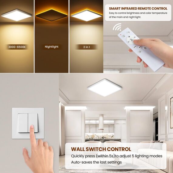 Tyreses LED Deckenleuchte Flach 24W, Deckenlampe mit Fernbedienung, 1800K Dimmbar Nachtlicht, Panel 3000K-6500K Dimmbar für Schlafzimmer, Kinderzimmer, Wohnzimmer, Flure, Küche,Badezimmer, Ø30cm