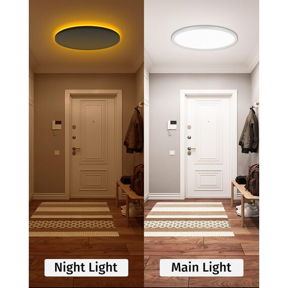 Bowfar LED Deckenleuchte, 24W 2800LM Deckenlampe mit Fernbedienung Dimmbar 3000K-6500K, 1800K Nachtlicht Amber, Rund Badezimmer Lampe für Wohnzimmer Kinderzimmer Schlafzimmer Ø29.5x2.5cm, Weiß