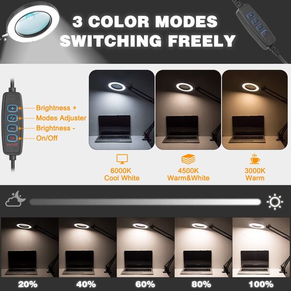 Lupe mit Licht und Ständer, Jubor 10 Fach 8 Fach LED Lupenleuchte mit Klemme, Schreibtischlampe mit 3 Farbmodi Dimmbare, LED Lupenlampe für Hobby Basteln, Arbeitsplatzlampe, Leselampe