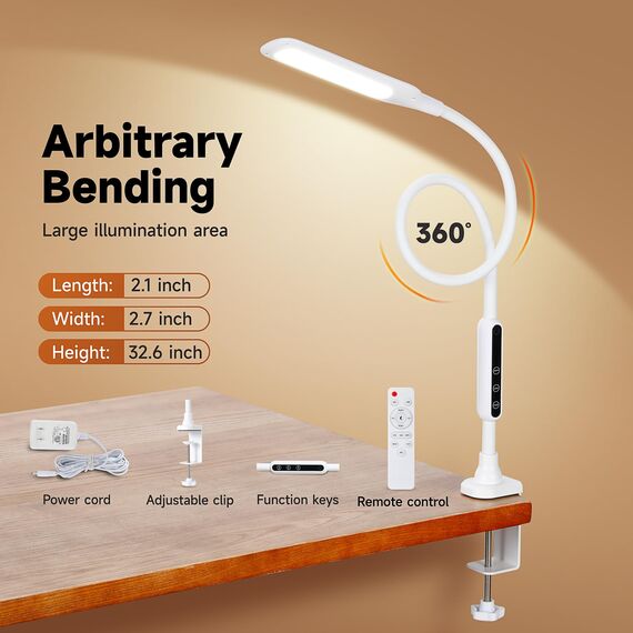 Schreibtischlampe LED Klemmbar, Tischlampe Schwanenhals mit 5 Farb und 5 Helligkeitsstufen, Flexible 360° Schwenkarm Tischleuchte, TouchBedienung Klemmlampe mit Fernsteuerung für Arbeit, Studium