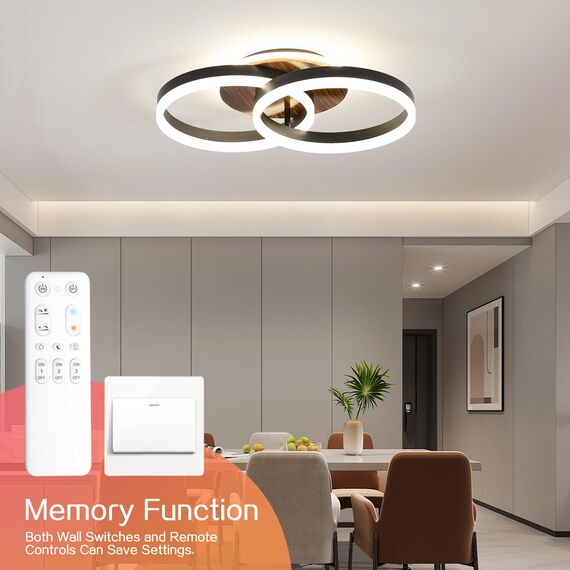 Amdelne LED Deckenlampe Wohnzimmer 50cm 2-Ringe Design, 36W Deckenleuchte Moderne mit Fernbedienung Dimmbar, aus Metall+Acryl, mit Speicherfunktion, für Schlafzimmer Esszimmer Büro, Schwarz+holz