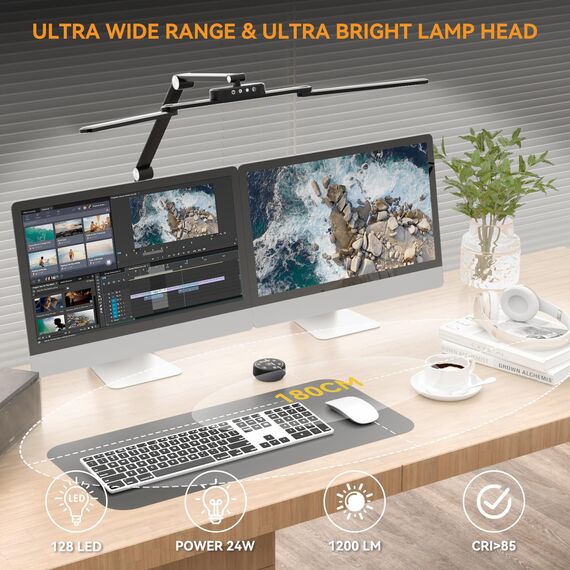rigors 80cm Schreibtischlampe Klemmbar, Architekten-Tageslichtlampe für das Heimbüro, 24W ultrahelle Schreibtischlampen Gesten-Sensor-Schalter mit 5 Farb 10 Helligkeit,Speicherfunktion für Werkbank