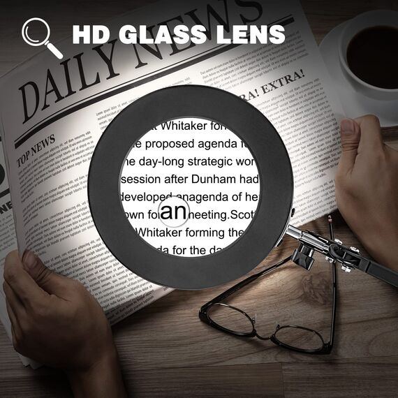 Lupe mit Licht und Ständer, Jubor 10 Fach 8 Fach LED Lupenleuchte mit Klemme, Schreibtischlampe mit 3 Farbmodi Dimmbare, LED Lupenlampe für Hobby Basteln, Arbeitsplatzlampe, Leselampe