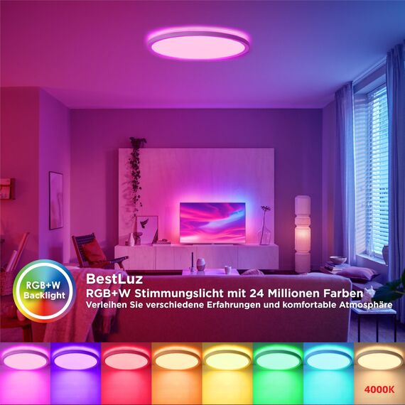BestLuz LED Deckenleuchte LED Panel Deckenlampe Ø 42cm 24W RGBW + Neutralweiß 4000K mit Backlight-Effekt Fernbedienung für Badezimmer Schlafzimmer Wohnzimmer Küche, Ultra Dünn
