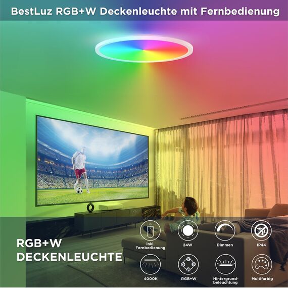 BestLuz LED Deckenleuchte LED Panel Deckenlampe Ø 42cm 24W RGBW + Neutralweiß 4000K mit Backlight-Effekt Fernbedienung für Badezimmer Schlafzimmer Wohnzimmer Küche, Ultra Dünn