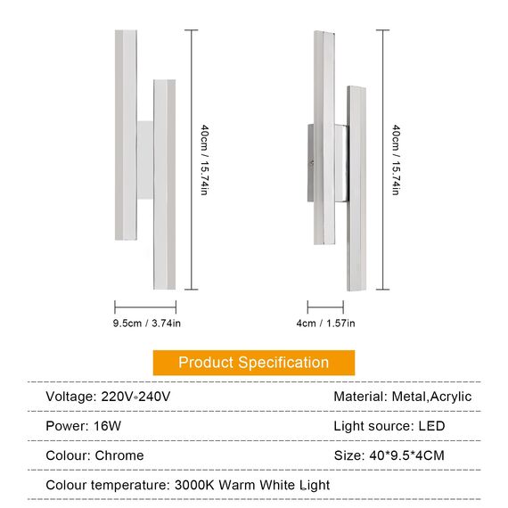 Riserva Wandleuchte LED Innen, Kreative Wandlampe Moderne, 3000K Warmweiß Wandlampe, 16W LED Lange Wandleuchte Innen für Schlafzimmer, Wohnzimmer, Korridor, Treppenhau, Chrom 40cm