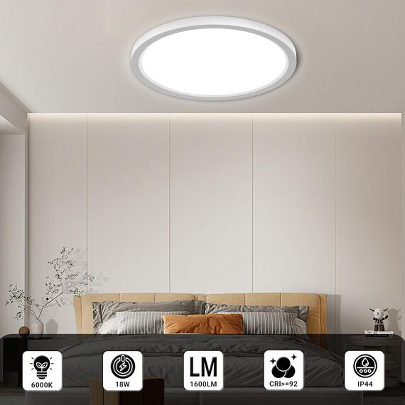LQWELL® Deckenleuchte LED Deckenlampe, IP44 Wasserfest Badlampe Rund Flach 18W 6000K 1600LM Modern Schlicht Lampe Dünn für Wohnzimmer Badezimmer Schlafzimmer Küche Balkon Keller Büro, 220 * 24mm