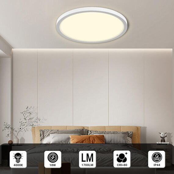 LQWELL® Deckenleuchte LED Deckenlampe, 1,6CM Ultradünn Rund Flach IP44 Wasserfest Badlampe 18W 4000K 1700LM Modern für Wohnzimmer Badezimmer Schlafzimmer Küche Balkon Keller Büro, 220 * 16mm