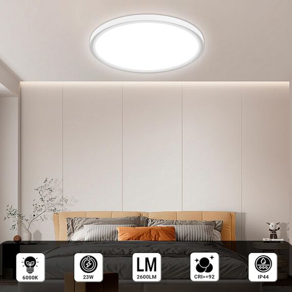 LQWELL® Deckenleuchte LED Deckenlampe, IP44 Wasserfest Badlampe Rund Flach 23W 6000K 2600LM Modern Schlicht Lampe Dünn für Wohnzimmer Badezimmer Schlafzimmer Küche Balkon Keller Büro, 300 * 25mm