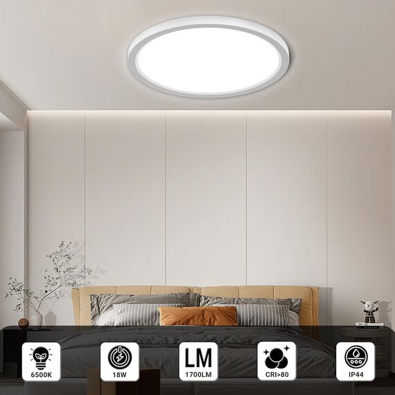 LQWELL® Deckenleuchte LED Deckenlampe, 1,6CM Ultradünn Rund Flach IP44 Wasserfest Badlampe 18W 6500K 1700LM Modern für Wohnzimmer Badezimmer Schlafzimmer Küche Balkon Keller Büro, 220 * 16mm