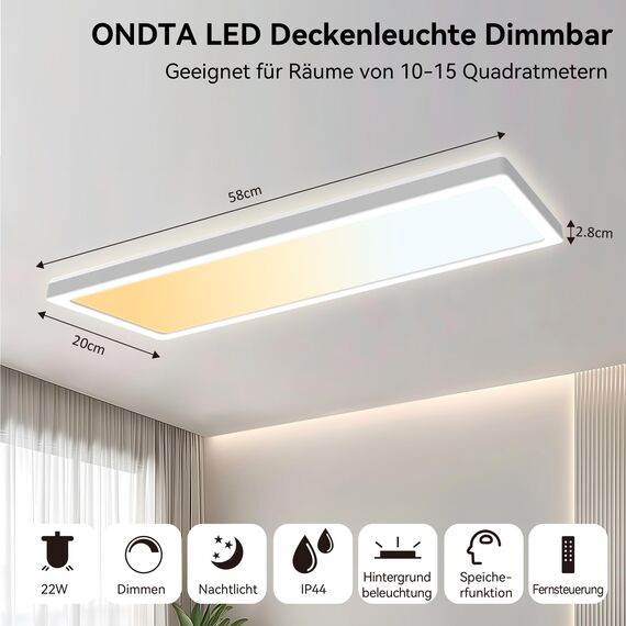 ONDTA LED Deckenleuchte dimmbar 22W, 58x20cm 2700K-6500K 2800LM, Deckenlampe mit Fernbedienung, IP44 Badezimmer lampe LED Panel für Küche Wohnzimmer Schlafzimmer Badezimmer Büro, Rechteckig