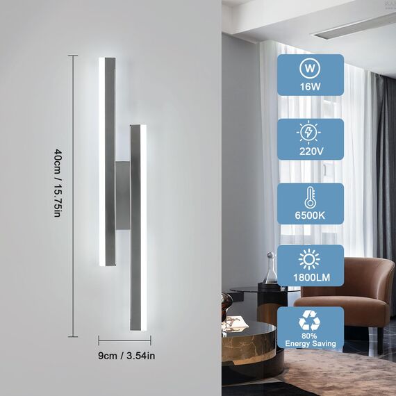 Riserva Wandleuchte Innen LED, 16W 1800LM Wandlampe Modern Lange Parallele, Dekorative Wandleuchte Chrom Innen Für Schlafzimmer, Wohnzimmer, Korridor, Treppenhaus, 6500K Kaltweiß