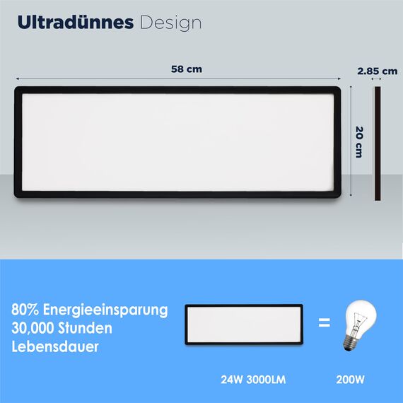 BestLuz Deckenlampe LED Deckenleuchte 58x20 CM (LxBxH) Dreistufige Dimmbar Rechteckig Schwarz LED Panel Ultra Flach 3000 LM 24W Neutralweiß 4000K mit Backlight für Badezimmer Schlafzimmer Wohnzimmer