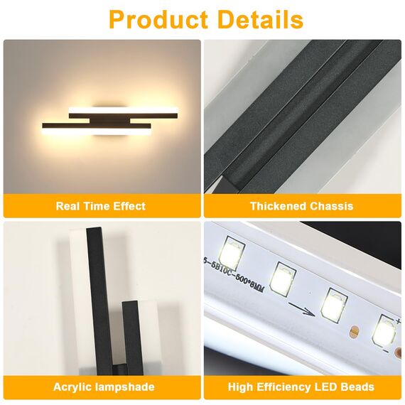 Riserva Wandleuchte Innen LED, 16W Wandlampe Modern Schwarz, 3000K Warmweiß, Lange Wandleuchte Einfach für Schlafzimmer, Wohnzimmer, Korridor, Treppenhaus, Esszimmer