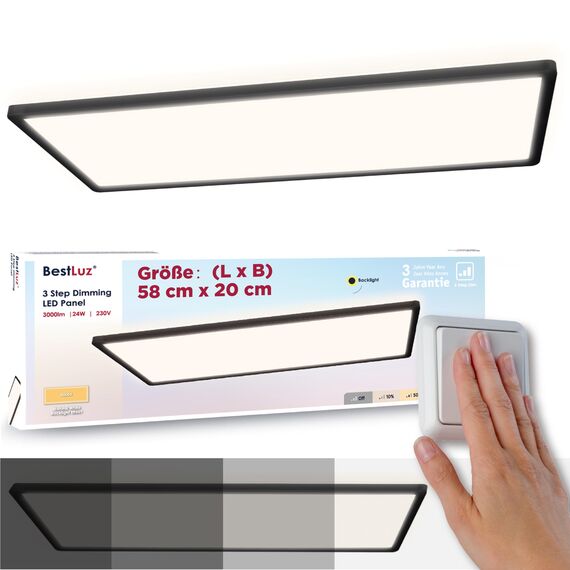 BestLuz Deckenlampe LED Deckenleuchte 58x20 CM (LxBxH) Dreistufige Dimmbar Rechteckig Schwarz LED Panel Ultra Flach 3000 LM 24W Neutralweiß 4000K mit Backlight für Badezimmer Schlafzimmer Wohnzimmer