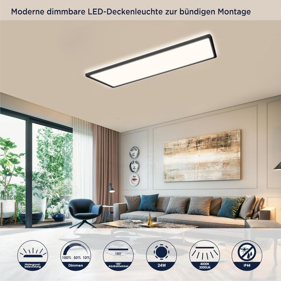 BestLuz Deckenlampe LED Deckenleuchte 58x20 CM (LxBxH) Dreistufige Dimmbar Rechteckig Schwarz LED Panel Ultra Flach 3000 LM 24W Neutralweiß 4000K mit Backlight für Badezimmer Schlafzimmer Wohnzimmer