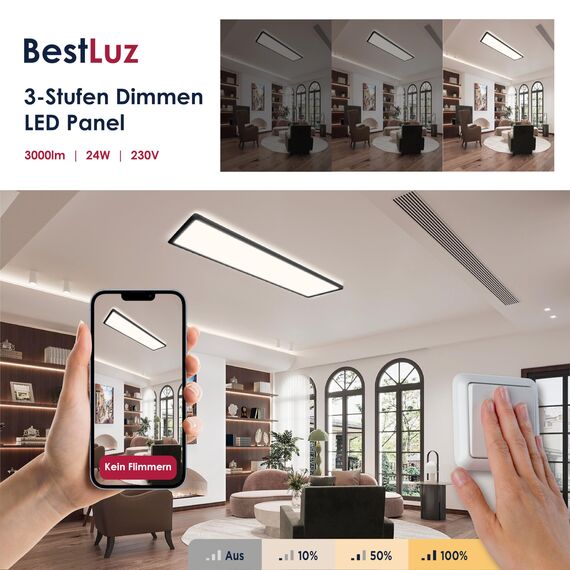 BestLuz Deckenlampe LED Deckenleuchte 58x20 CM (LxBxH) Dreistufige Dimmbar Rechteckig Schwarz LED Panel Ultra Flach 3000 LM 24W Neutralweiß 4000K mit Backlight für Badezimmer Schlafzimmer Wohnzimmer