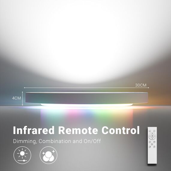 LQWELL® LED Deckenleuchte Dimmbar mit Fernbedienung, 24W 2500LM 3000-6500K RGB LED Deckenlampe, Runde Flache Deckenbeleuchtung IP44 für Wohnzimmer Schlafzimmer Esszimmer Balkon Korridor, 300 * 40mm