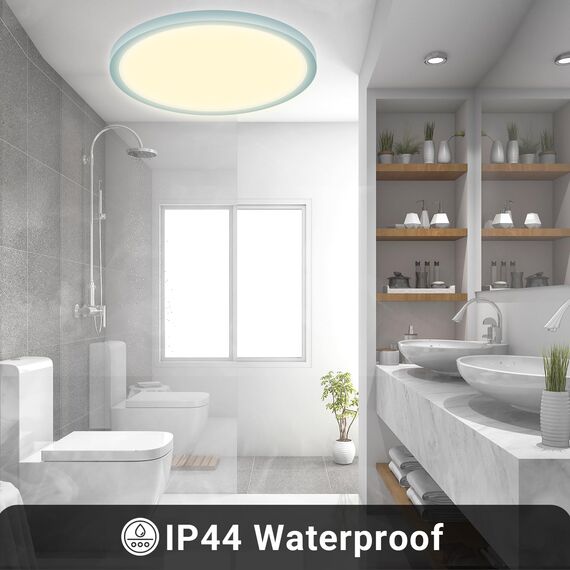 LQWELL® Deckenleuchte LED Deckenlampe, IP44 Wasserfest Badlampe Rund Flach 18W 3000K 1600LM Modern Schlicht Lampe Dünn für Wohnzimmer Badezimmer Schlafzimmer Küche Balkon Keller Büro, 220 * 24mm