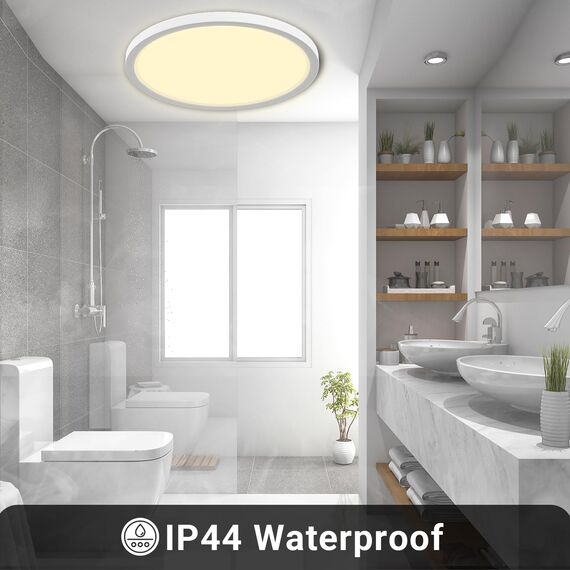 LQWELL® Deckenleuchte LED Deckenlampe, IP44 Wasserfest Badlampe Rund Flach 18W 3000K 1980LM Modern Schlicht Lampe Dünn für Wohnzimmer Badezimmer Schlafzimmer Küche Balkon Keller Büro, 220 * 24mm