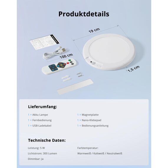 Combuh Akku Lampe mit Bewegungsmelder Deckenlampe Garage ohne Stromanschluss ohne Bohren, 85 Tage Laufzeit 6000 mAh LED Batteriebetriebene Deckenleuchte Aufladbare für Keller Flur Dusche Rund 1 Stück