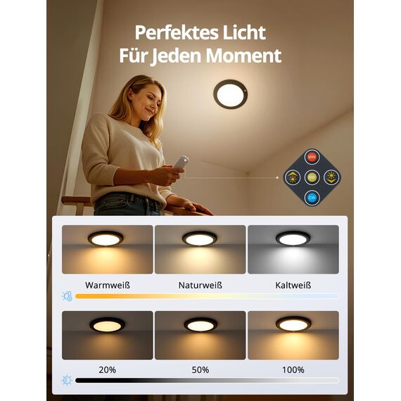 Combuh Akku Lampe mit Bewegungsmelder Deckenlampe Garage ohne Stromanschluss ohne Bohren, 85 Tage Laufzeit 6000 mAh LED Batteriebetriebene Deckenleuchte Aufladbare für Keller Flur Schwarz 1 Stück