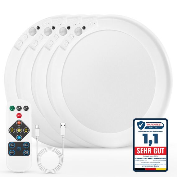 Combuh Akku Lampe mit Bewegungsmelder Deckenlampe Flur ohne Stromanschluss ohne Bohren, 85 Tage Laufzeit 6000 mAh LED Batteriebetriebene Deckenleuchte Aufladbare für Garage Keller Dusche Rund 4 Stück