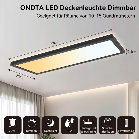 ONDTA LED Deckenleuchte Flach, 22W Schwarz 58x20cm 2700K-6500K, Deckenlampe mit Fernbedienung und Nachtlichtmodus, IP44 Wasserdicht LED Panel für Küche Wohnzimmer Schlafzimmer Badezimmer, Rechteckig