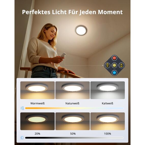 Combuh Akku Lampe mit Bewegungsmelder Deckenlampe Garage ohne Stromanschluss ohne Bohren, 85 Tage Laufzeit 6000 mAh LED Batteriebetriebene Deckenleuchte Aufladbare für Keller Flur Dusche Rund 1 Stück