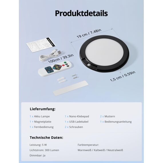 Combuh Akku Lampe mit Bewegungsmelder Deckenlampe Garage ohne Stromanschluss ohne Bohren, 85 Tage Laufzeit 6000 mAh LED Batteriebetriebene Deckenleuchte Aufladbare für Keller Flur Schwarz 1 Stück