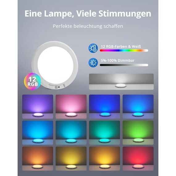 Combuh Akku RGB Deckenleuchte ohne Bohren Party Deckenlampe ohne Stromanschluss, 45 Tage Laufzeit 5000 mAh Batteriebetriebene Lampe mit Bewegungsmelder für Dusche Bad Badezimmer Rund 1 Stück