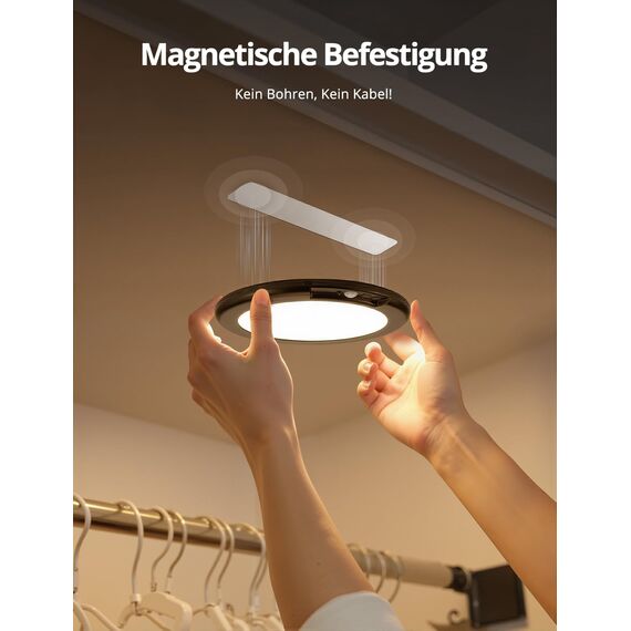 Combuh Akku Lampe mit Bewegungsmelder Deckenlampe Garage ohne Stromanschluss ohne Bohren, 85 Tage Laufzeit 6000 mAh LED Batteriebetriebene Deckenleuchte Aufladbare für Keller Flur Schwarz 1 Stück