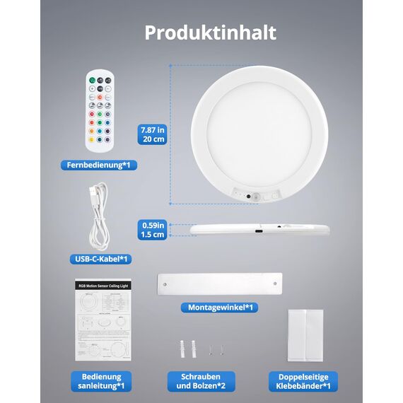 Combuh Akku RGB Deckenleuchte ohne Bohren Party Deckenlampe ohne Stromanschluss, 45 Tage Laufzeit 5000 mAh Batteriebetriebene Lampe mit Bewegungsmelder für Dusche Bad Badezimmer Rund 1 Stück