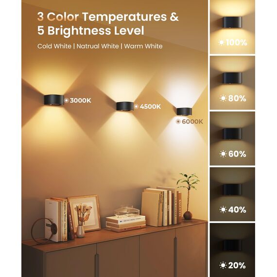 FULEN Akku Wandlampe Innen mit Bewegungssensor,Fernbedienung 3 Farben Wandlicht Up and Down Innen LED Wandleuchte 3 Modi Wiederaufladbare Batteriebetriebene Wandlampen Helligkeit Einstellbar, 2 Stück