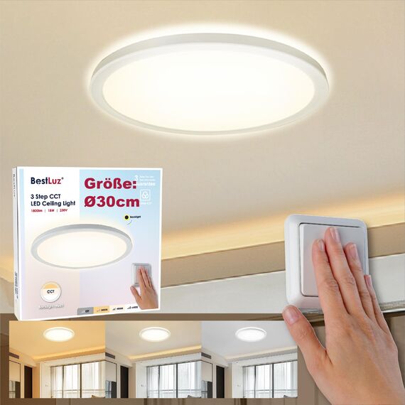 BestLuz LED Deckenleuchte Dreistufige Ø30 CM 3000K/4000K/6500K 18W 1800LM IP44 Deckenlampe mit Backlight-Effekt LED Panel für Wohnzimmer Schlafzimmer Küche Badezimmer, Ultra Dünn