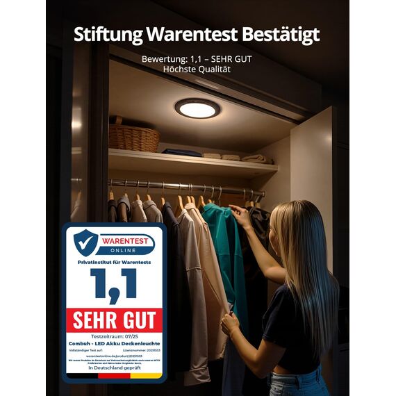 Combuh Akku Lampe mit Bewegungsmelder Deckenlampe Garage ohne Stromanschluss ohne Bohren, 85 Tage Laufzeit 6000 mAh LED Batteriebetriebene Deckenleuchte Aufladbare für Keller Flur Schwarz 1 Stück