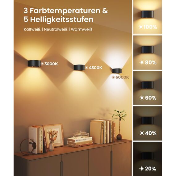FULEN Akku Wandlampe Innen mit Bewegungssensor,Fernbedienung 3 Farben Wandlicht Up and Down Innen LED Wandleuchte 3 Modi Wiederaufladbare Batteriebetriebene Wandlampen Helligkeit Einstellbar 1 Stück