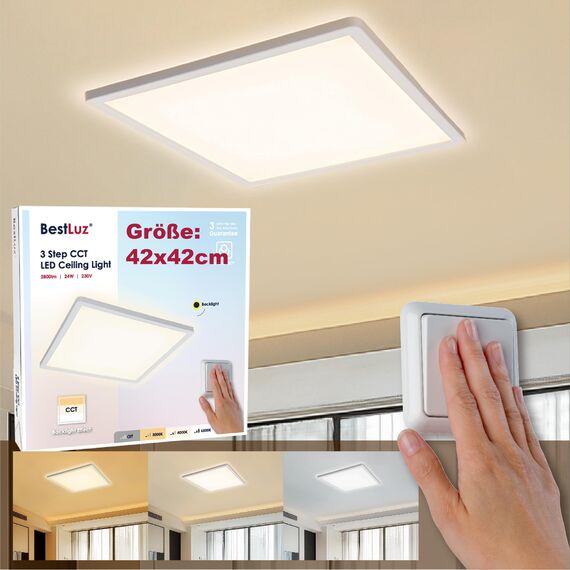 BestLuz Dreistufige CCT Deckenlampe 42x42 CM 3000K/4000K/6500K 24W 2800LM IP44 Mit Backlight-Effekt - Flaches LED Panel Für Wohnzimmer, Schlafzimmer, Küche, Badezimmer, Ultra Dünn