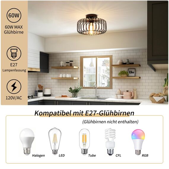 FRIDEKO HOME Deckenlampe Schwarz Modern Deckenlampe aus Metall E27-Fassung,1 Flammige Runde Lampenschirm Hängelampe für Küche Flur Wohnzimmer Schlafzimmer Esszimmer