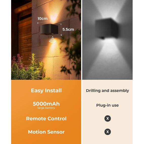 FULEN Akku Wandlampe Innen mit Bewegungssensor,Fernbedienung 3 Farben Wandlicht Up and Down Innen LED Wandleuchte 3 Modi Wiederaufladbare Batteriebetriebene Wandlampen Helligkeit Einstellbar 1 Stück
