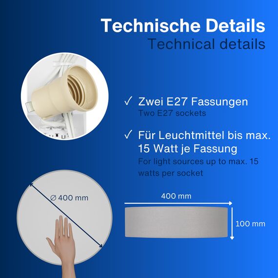 REV Deckenleuchte - Deckenlampe Küche, Schlafzimmer & Wohnzimmer rund 40cm mit Stoff-Lampenschirm im Vintage-Look, grau