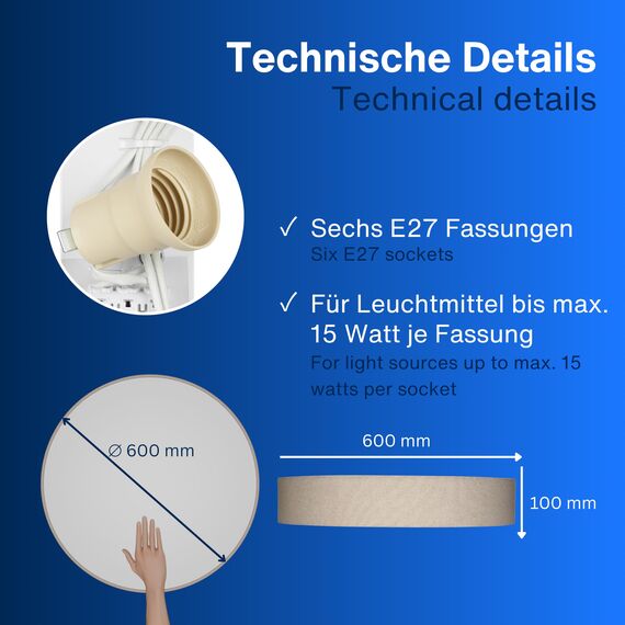 REV Deckenlampe - Deckenleuchte Wohnzimmer, Schlafzimmer & Küche rund 60cm mit Stoff-Lampenschirm im Vintage-Look, taupe