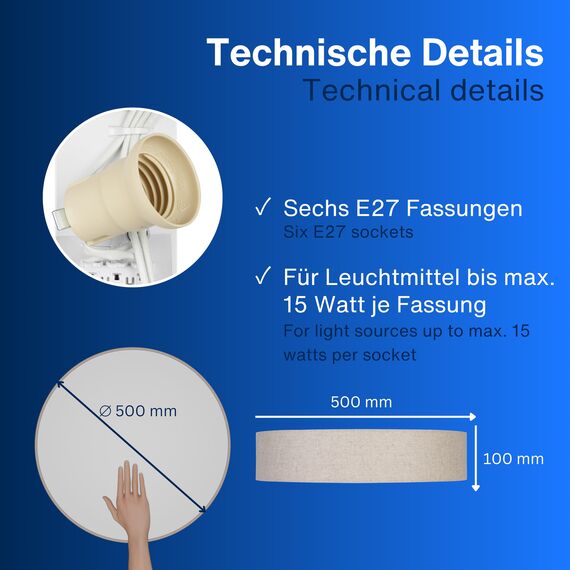 REV Deckenlampe - LED Deckenleuchte rund 50cm mit Stoff-Lampenschirm im Vintage-Look – ideal für Schlafzimmer & Wohnzimmer, taupe