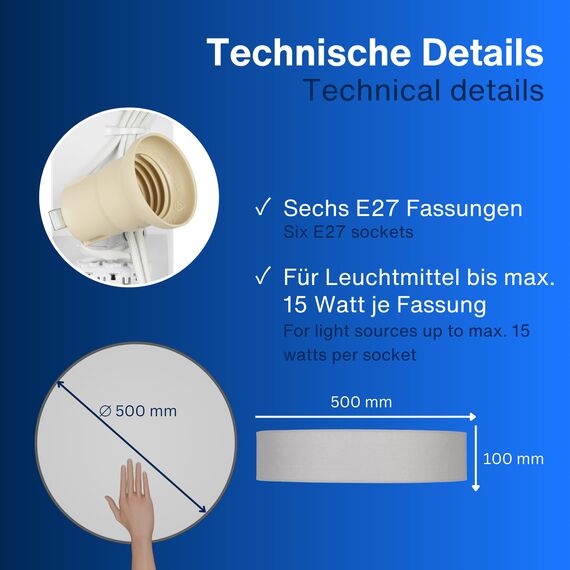 REV Deckenleuchte - Deckenlampe Wohnzimmer, Schlafzimmer & Küche rund 50cm mit Stoff-Lampenschirm im Vintage-Look, grau