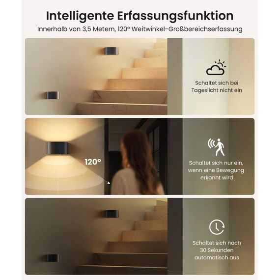 FULEN Akku Wandlampe Innen mit Bewegungssensor,Fernbedienung 3 Farben Wandlicht Up and Down Innen LED Wandleuchte 3 Modi Wiederaufladbare Batteriebetriebene Wandlampen Helligkeit Einstellbar 1 Stück