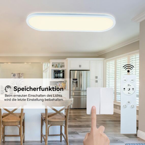 ONDTA LED Panel Deckenleuchte 22W mit Fernbedienung, 60x20 CM 2700K-6500K 3000LM Oval Tageslichtlampe Decke, Speicherfunktion, IP44 Badezimmer lampe für Wohnzimmer Schlafzimmer Flur Büro Werkstatt