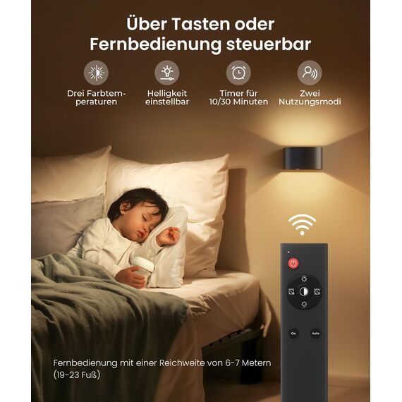 FULEN Akku Wandlampe Innen mit Bewegungssensor,Fernbedienung 3 Farben Wandlicht Up and Down Innen LED Wandleuchte 3 Modi Wiederaufladbare Batteriebetriebene Wandlampen Helligkeit Einstellbar 1 Stück