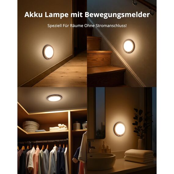 Combuh Akku Lampe mit Bewegungsmelder Deckenlampe Flur ohne Stromanschluss ohne Bohren, 85 Tage Laufzeit 6000 mAh LED Batteriebetriebene Deckenleuchte Aufladbare für Garage Keller Dusche Rund 4 Stück